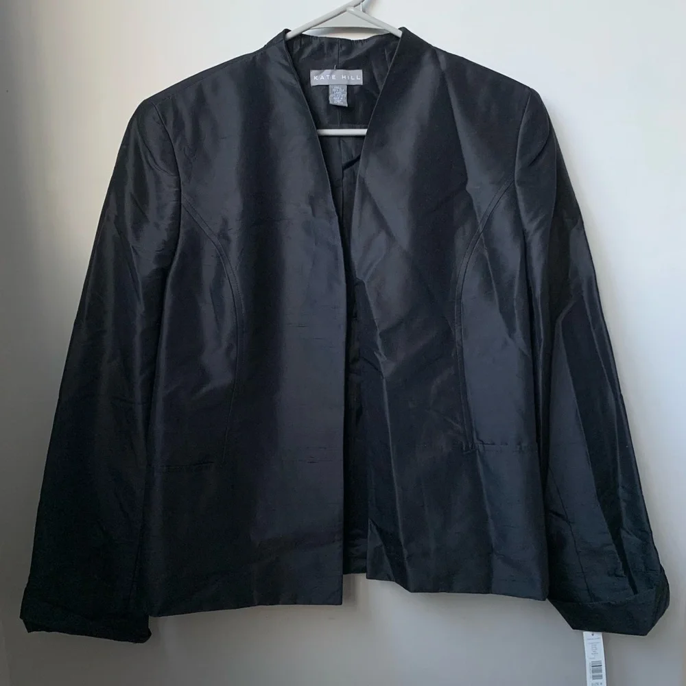 KATE HILL Women’s Black Silk Open Front Jacket Print 3/4 Sleeve Lined